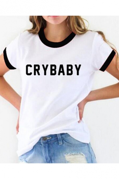 Contrast Trim CRY BABY Letter Printed Round Neck Short Sleeve Tee