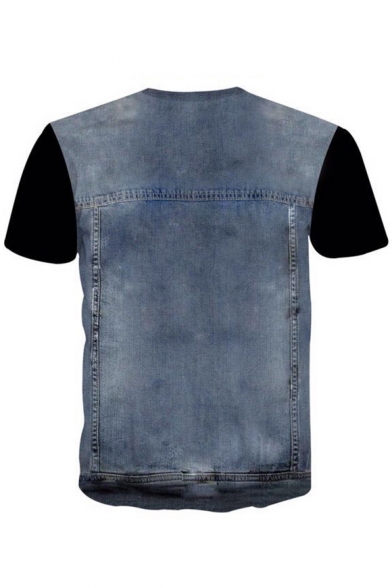 Cool Stylish Faux Denim Vest Print Round Neck Short Sleeves Casual Tee