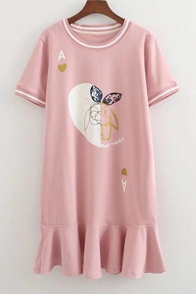 Cute Rabbit Letter Printed Round Neck Short Sleeve Ruffle Hem Mini T-Shirt Dress