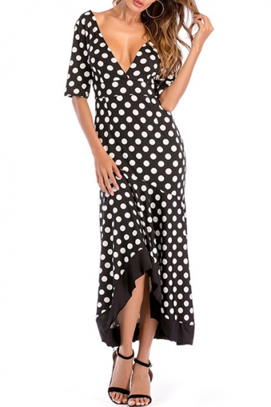 Elegant Polka Dot Printed V Neck Half Sleeve Maxi Asymmetric Hem Dress