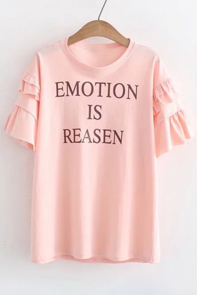 

EMOTION IS REASEN Letter Print Ruffle Detail Short Sleeve Round Neck Summer Tee, Pink;white