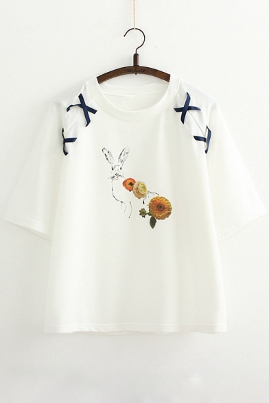 Fancy Lace-up Detail Rabbit Floral Pattern Round Neck Half Sleeves Leisure Tee