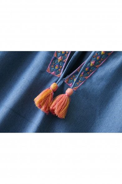 Geometric Embroidered V Neck Long Sleeve Tassel Embellished Mini A-Line Dress