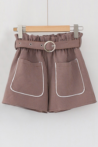Hot Style Plaids Pattern Belted Paperbag Waist Oversize Pocket Wide Leg Culottes