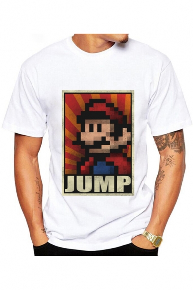 JUMP Letter Cartoon Character Printed Round Neck Short Sleeve Tee