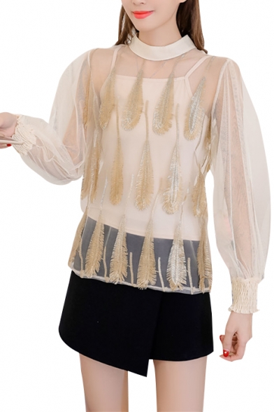 Lady Feather Embellished Sheer Mesh Mock Neck Two Pieces Long Sleeve Blouse