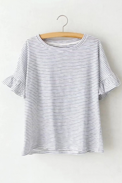 Leisure Striped Printed Round Neck Short Sleeve Ruffle Detail Loose Tee