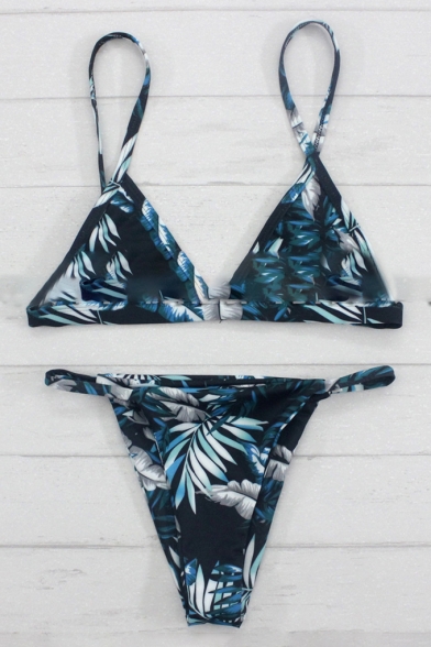 Pop Fashion Leaf Print Spaghetti Straps Trendy Bikini Swimwear