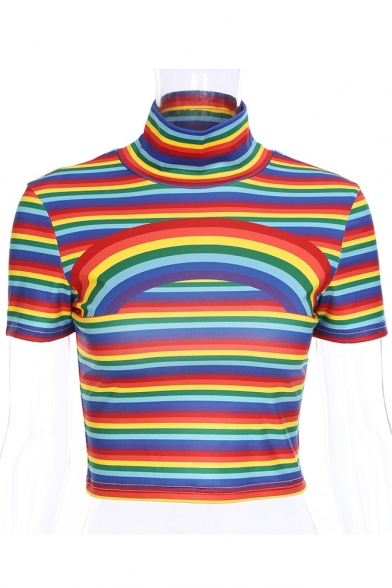 Rainbow Striped Printed High Neck Short Sleeve Crop Tee