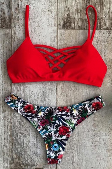 Retro Floral Print Lace-up Detail Fashionable Design Beach Bikini Swimwear