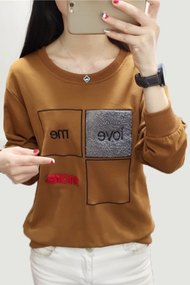 Round Neck Letter Embroidered Long Sleeve Leisure Tee
