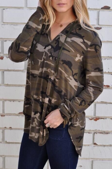 Spring Collection Camouflaged Pattern Long Sleeve Dipped Hem Loose Hooded Tee