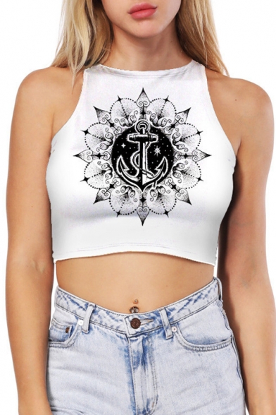 Street Fashion Anchor Print Sleeveless Slim Fit Cropped Summer Casual Tank Top
