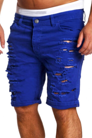Street Fashion Ripped Off Detail Zipper Fly Plain Men's Skinny Shorts