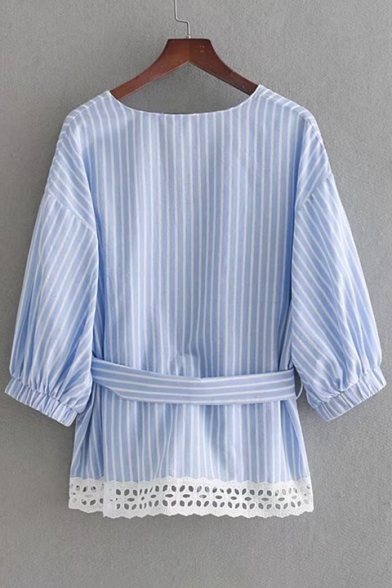 Striped Printed V Neck 3/4 Length Sleeve Bow Tied Front Lace Trim Blouse