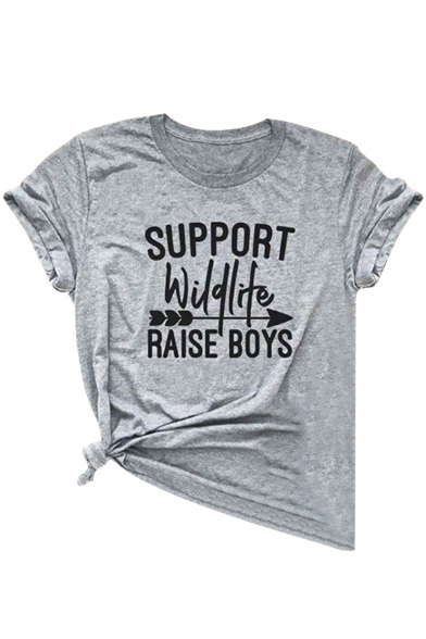 Unique Letter SUPPORT WILDLIFE RAISE BOYS Arrow Print Round Neck Short Sleeves Summer Tee