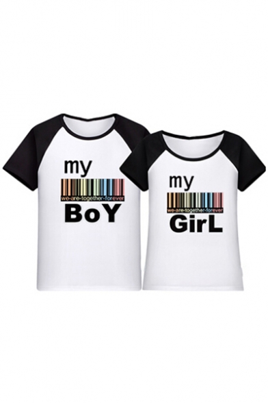 Color Block Raglan Short Sleeve Bar Code Letter Printed Round Neck Tee for Couple