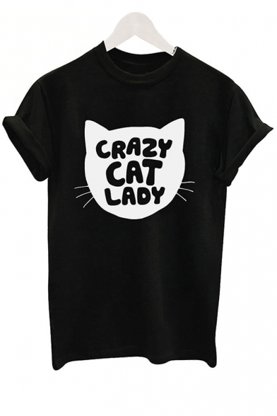 CRAZY CAT LADY Letter Print Short Sleeve Tee