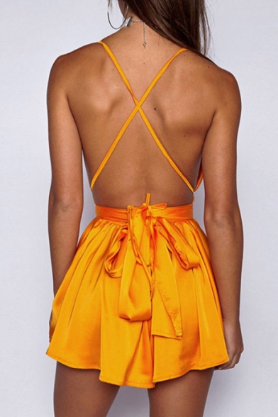 Crisscross Back Plain Spaghetti Straps Sleeveless Sexy Mini Cami Dress