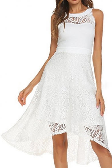Elegant Lace Panel Round Neck Sleeveless High Low Hem Zip Back Summer Dress
