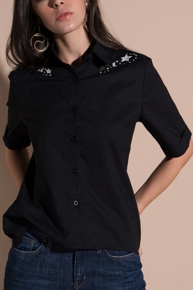 Fashionable Star Rocket Galaxy Embroidery Short Sleeve Lapel Summer Shirt
