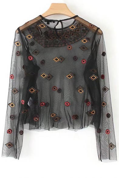 Floral Embroidered Sequined Embellished Sheer Mesh Round Neck Long Sleeve Tee