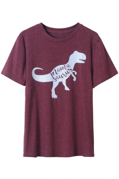 MAMA Letter Dinosaur Print Round Neck Short Sleeves Casual Tee