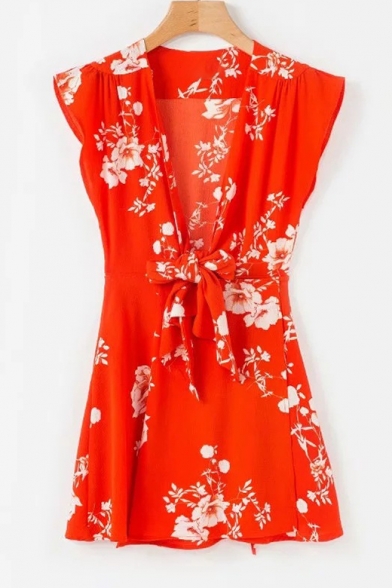 Hot Trendy Floral Print Plunge Neck Bow Detail Mini A-line Dress