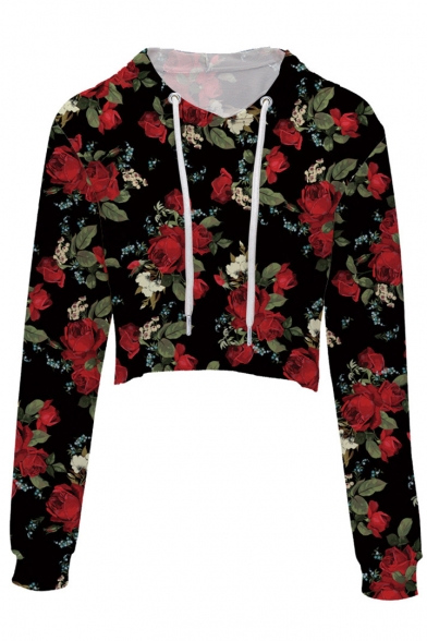 New Fashion Digital Floral Printed Long Sleeve Crop Hoodie