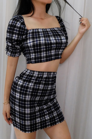 Plaid Printed Square Neck Short Sleeve Top with Mini Bodycon Skirt Co-ords