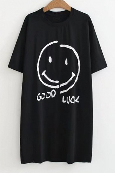 Popular Smiley Face Letter Print Round Neck Short Sleeves Tunic T-shirt