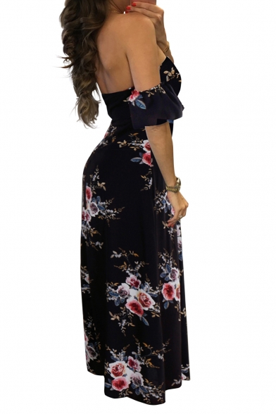 Sexy Floral Printed Off The Shoulder Short Sleeve Maxi A-Line Dress