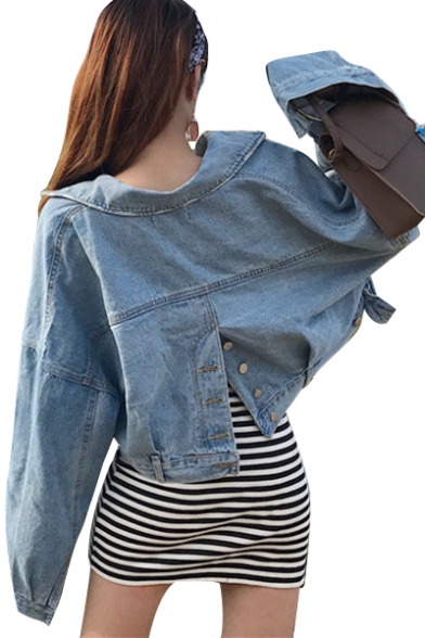 Spring Fashion Single Breasted Lapel Long Sleeve Pocket Detail Cropped Denim Jacket
