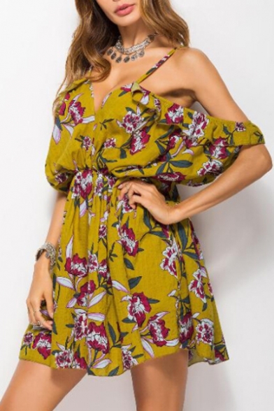 

Trendy Floral Print Off the Shoulder Mini A-line Summer Dress, LC468887