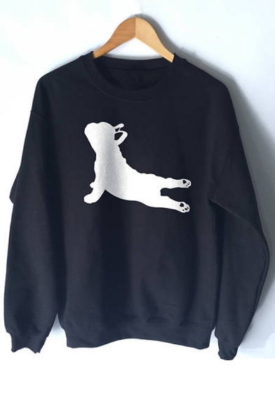 Bulldog Yoga Pose Pattern Long Sleeve Loose Pullover Sweatshirt
