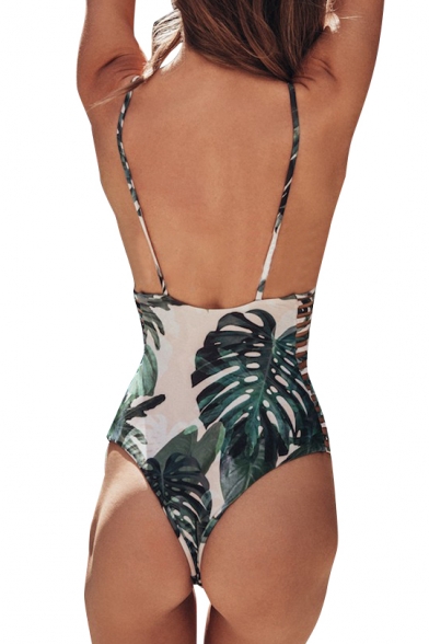 Chic Leaf Printed Spaghetti Straps Sleeveless Hollow Out Side One Piece Swimwear