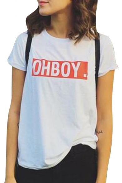 Chic OH BOY Letter Print Round Neck Short Sleeves Summer Tee