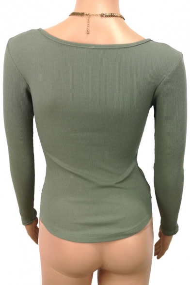 Chic Ribbed Basic Buttons Down Round Neck Long Sleeve Slim Tee