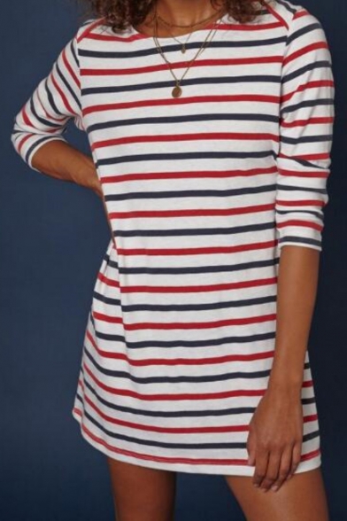 Comfort Leisure Striped Printed Round Neck 3/4 Length Sleeve Mini A-Line Dress
