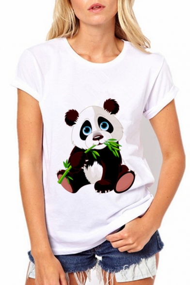 Cute Cartoon Panda Printed Round Neck Short Sleeve Comfort Tee