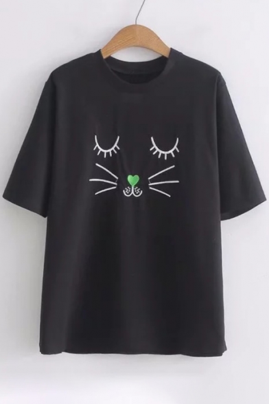 Cute Cat Face Embroidered Round Neck Short Sleeve Leisure Loose Tee