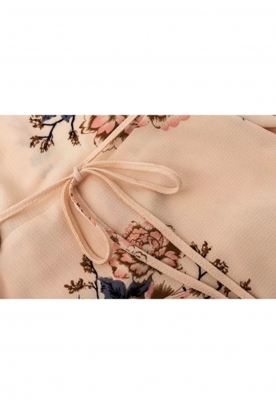 Elegant Floral Printed Ruffle Detail Sleeve Split Front Maxi A-Line Dress