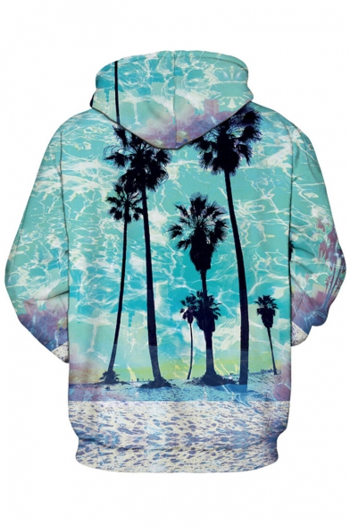 Hot Fashion Beach Palm Tree Landscape Print Long Sleeves Pullover Loose Hoodie