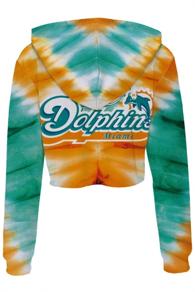 Color Block Dolphin Printed Long Sleeve Crop Hoodie