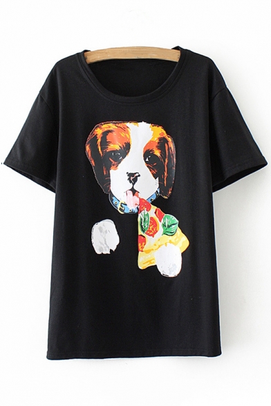 Lovely Dog Pizza Print Round Neck Short Sleeves Casual Tee