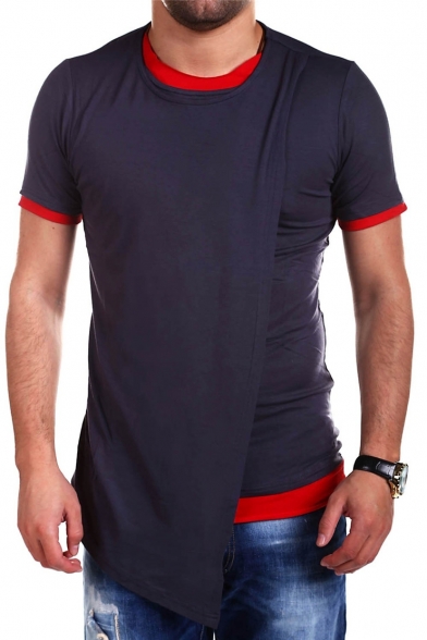 Men's Stylish Round Neck Short Sleeve Asymmetrical Design Color Block Tee Top
