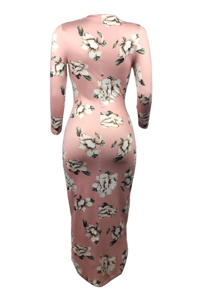Plunge Neck High Low Hem Floral Print Long Sleeve Elegant Asymmetrical Dress