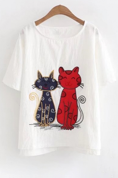 Stylish Cat Cartoon Embroidered Round Neck Short Sleeves Casual Tee