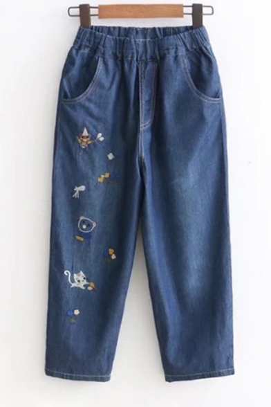 Trendy Cartoon Cat Bear Floral Embroidered Elastic Waist Cropped Jeans