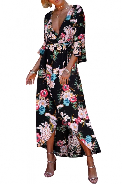 Trendy Floral Print Plunge Neck Dipped Hem Summer Wrap Dress